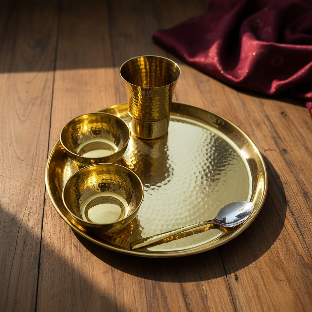 Hammered Brass Thali Set – Indian Aesthetic Square