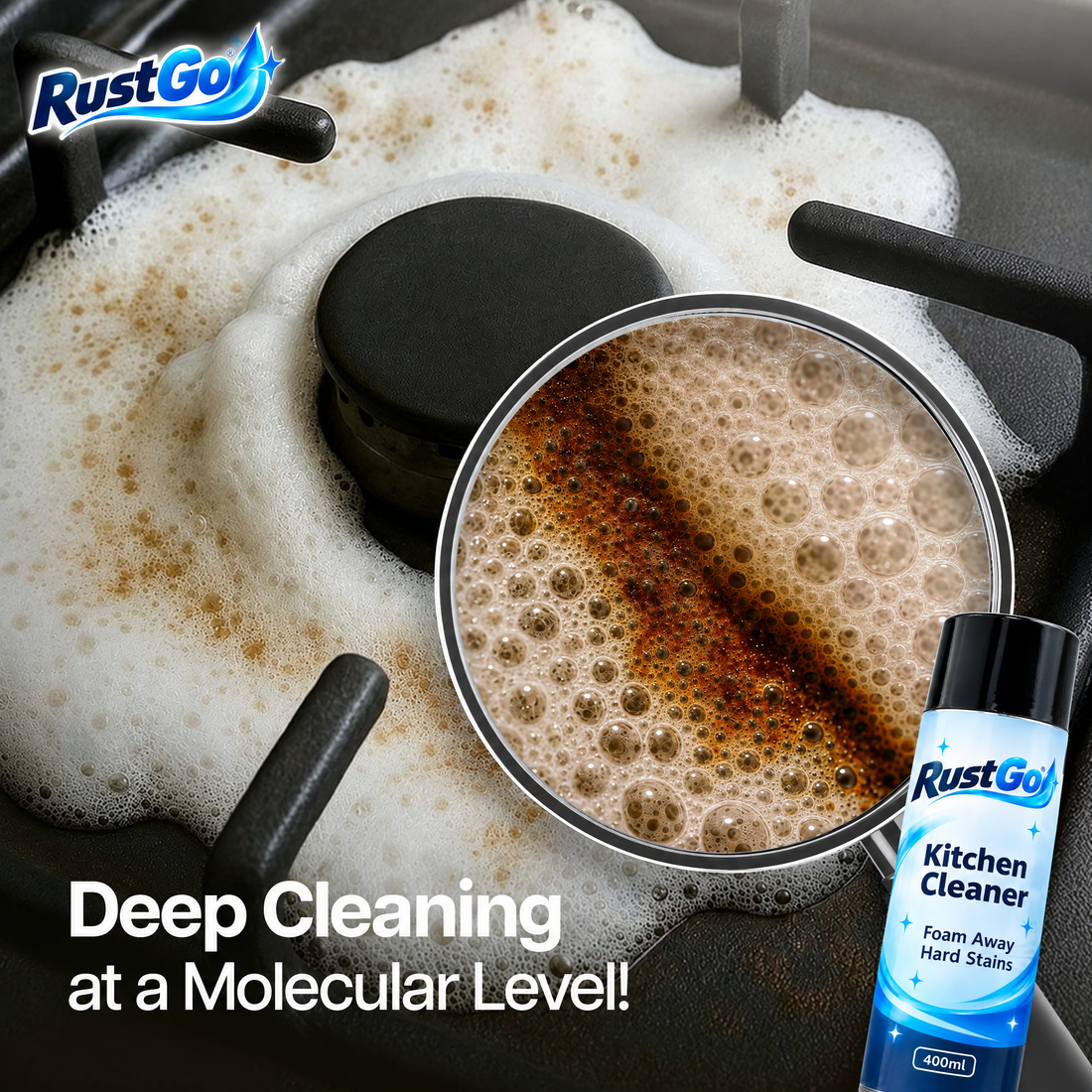 RustGo foam breaking down grease on a gas stove